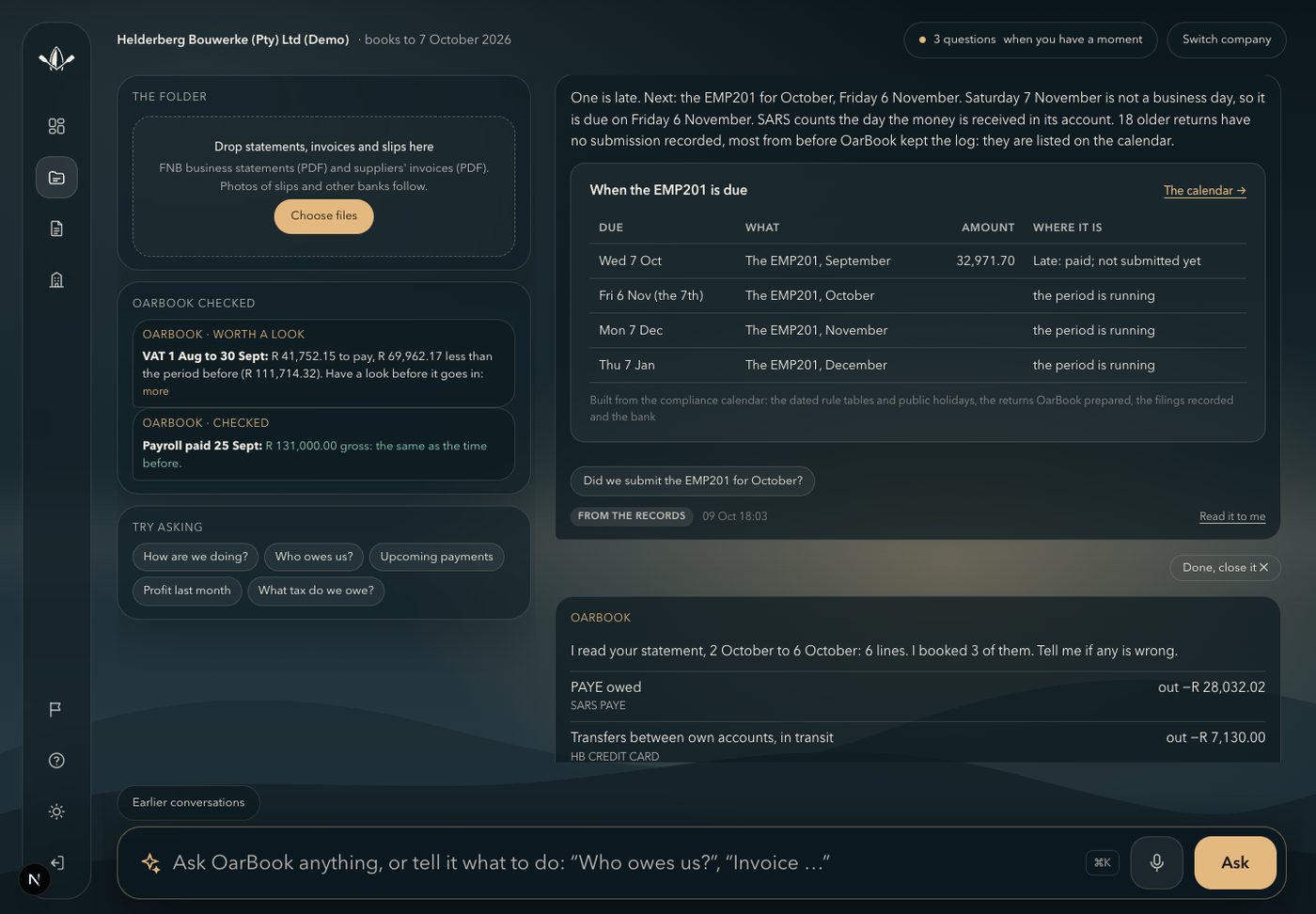 OarBook showing when the EMP201 is due and what is paid
