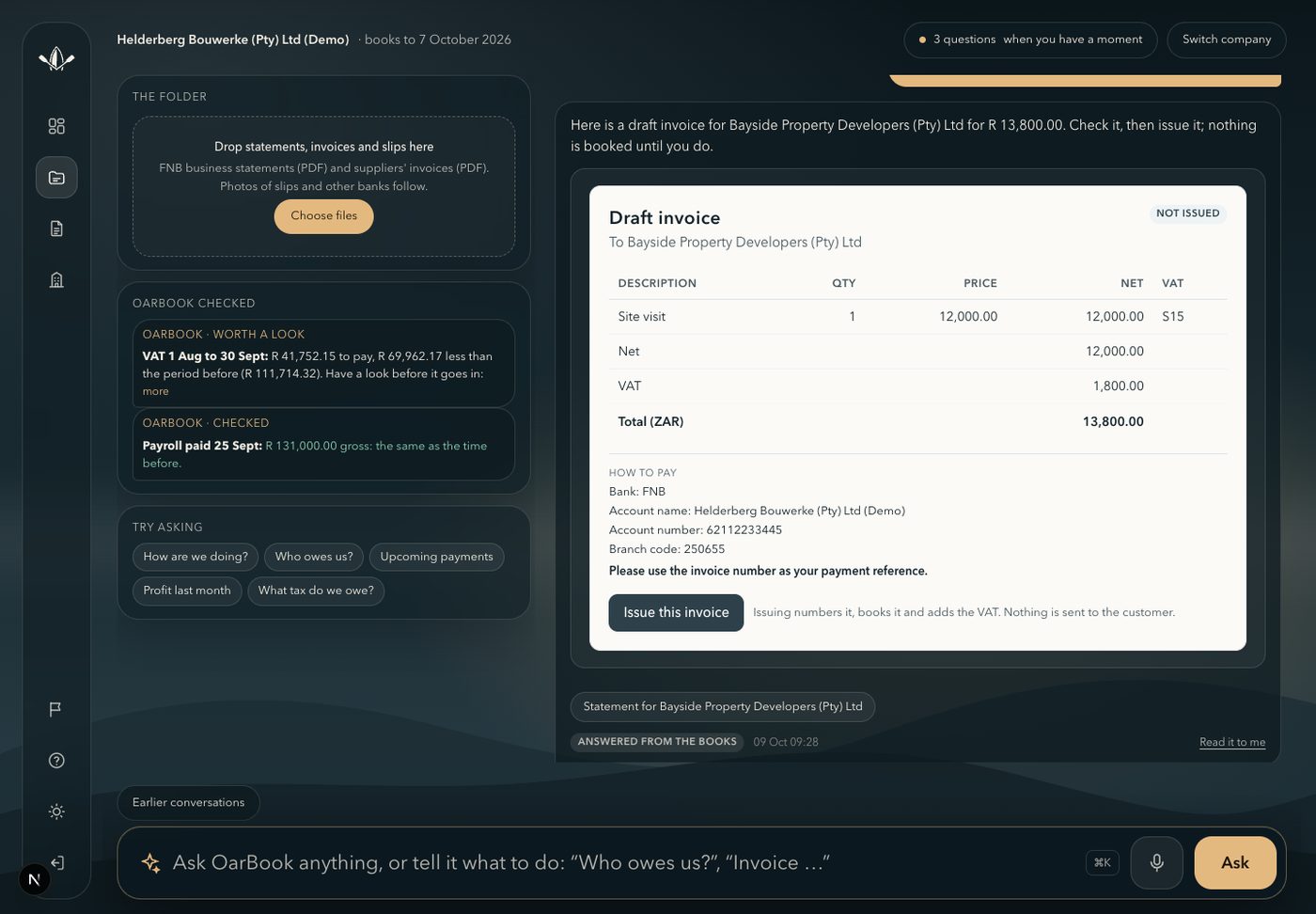 An OarBook invoice with how to pay and the payment reference